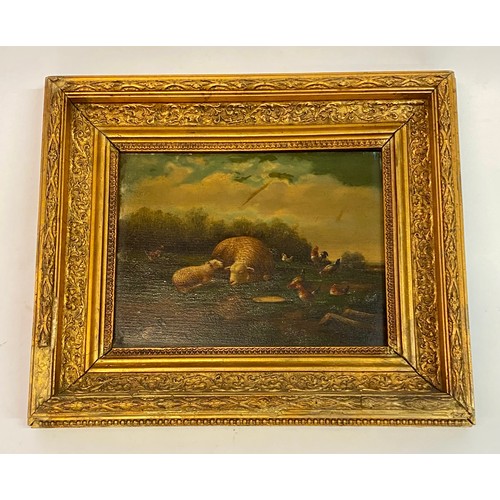 73 - Framed Continental Acrylic/Oil on Board Painting Depicting Sheep and Farm Animals 37cm x 31cm