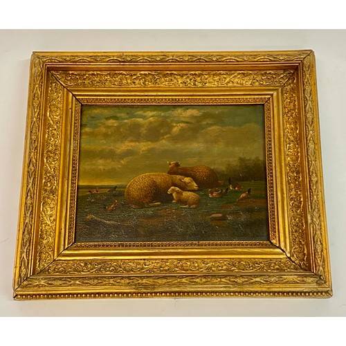 74 - Similar to Previous Lot. Framed Continental Acrylic/Oil on Board Painting Depicting Sheep and Farm A... 