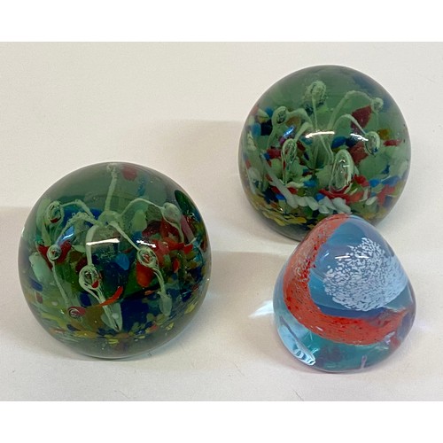 628 - Three Vintage Art Glass Paperweights, One with Inscription to Base. Largest 7cm x 7cm x 6cm