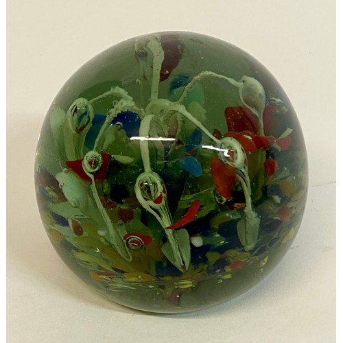 628 - Three Vintage Art Glass Paperweights, One with Inscription to Base. Largest 7cm x 7cm x 6cm