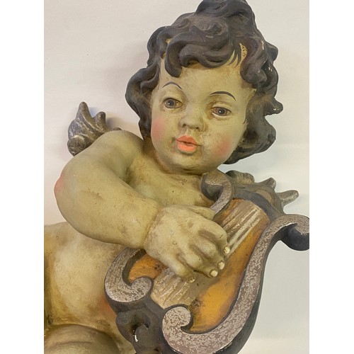 546 - Vintage Italian Style Resin Cherub Holding Harp Wall Mount Sculpture 48cm Height