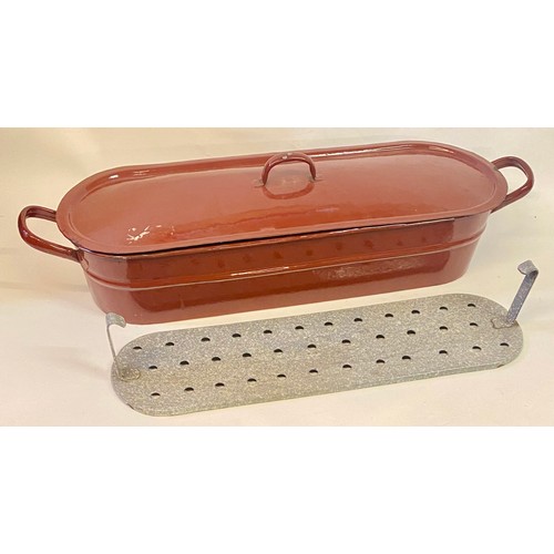 548 - Vintage Red Enamel Fish Poacher / Steamer 68cm x 22cm x 18cm