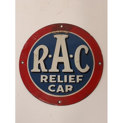 688 - Rare Pre War RAC ENAMEL SIGN 'RAC RELIEF CAR' Round sign 23.5cm diameter