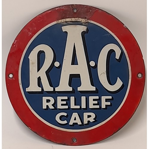 688 - Rare Pre War RAC ENAMEL SIGN 'RAC RELIEF CAR' Round sign 23.5cm diameter