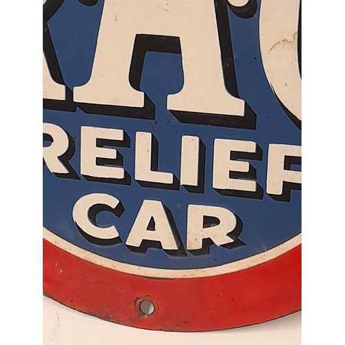 688 - Rare Pre War RAC ENAMEL SIGN 'RAC RELIEF CAR' Round sign 23.5cm diameter