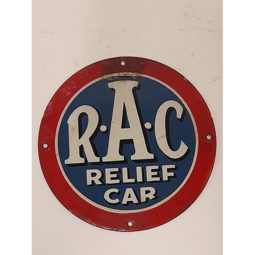 688 - Rare Pre War RAC ENAMEL SIGN 'RAC RELIEF CAR' Round sign 23.5cm diameter