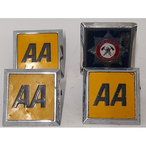 699 - 4 x Vintage car Badges to include Fire Serve Personnel 7.5 x 7.5 and 3 x AA Badges 7cm x 7cm