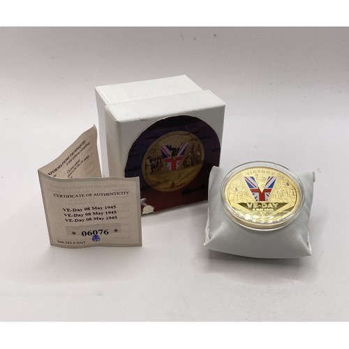 299 - Boxed VE Day 1945 Commemorative Gold Plated Coin with Certificate of Authenticity