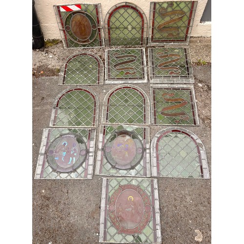 300 - Antique Church Lead And Stained Glass Panels With Depictions Of Saints Etc. 47 x 47 cms (13)