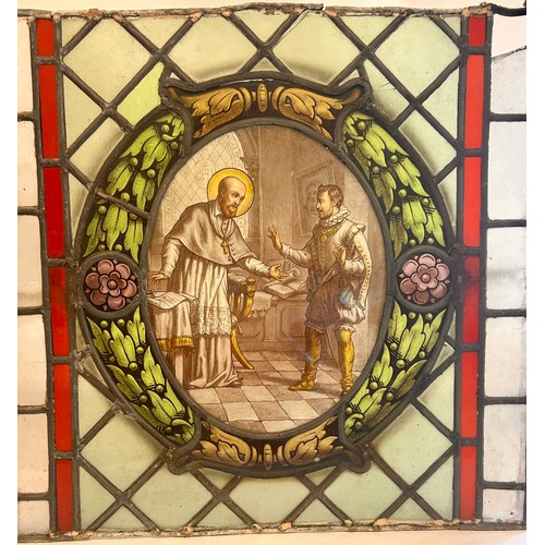 300 - Antique Church Lead And Stained Glass Panels With Depictions Of Saints Etc. 47 x 47 cms (13)