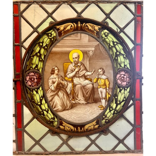 300 - Antique Church Lead And Stained Glass Panels With Depictions Of Saints Etc. 47 x 47 cms (13)