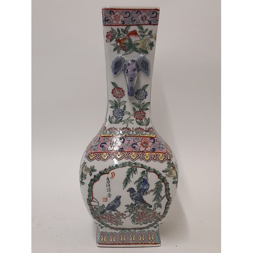 622 - Hand Painted Famille-Vert 4 Sided Vase with Elephant head Handles, 31cm high