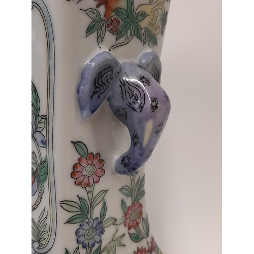 622 - Hand Painted Famille-Vert 4 Sided Vase with Elephant head Handles, 31cm high