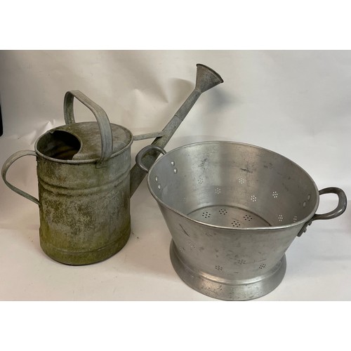 57 - Vintage Galvanised Watering Can Along With A Vintage French Aluminium Jam Sieve. (2)