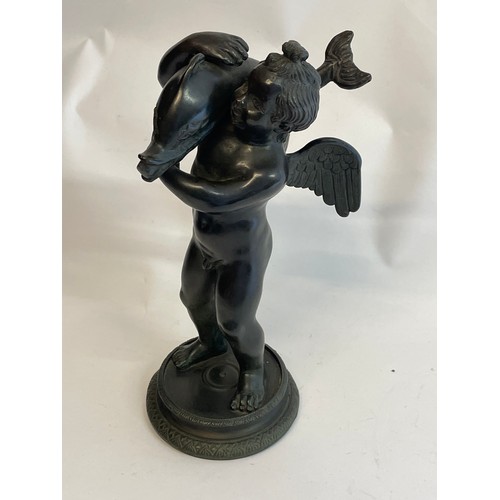 132 - Bronze Putto With Dolphin Figure. 25 cms High