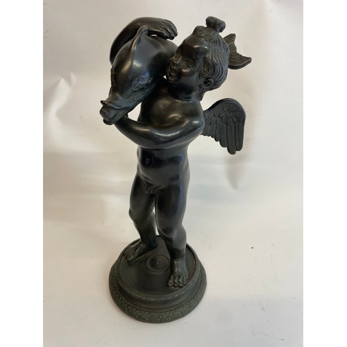 132 - Bronze Putto With Dolphin Figure. 25 cms High