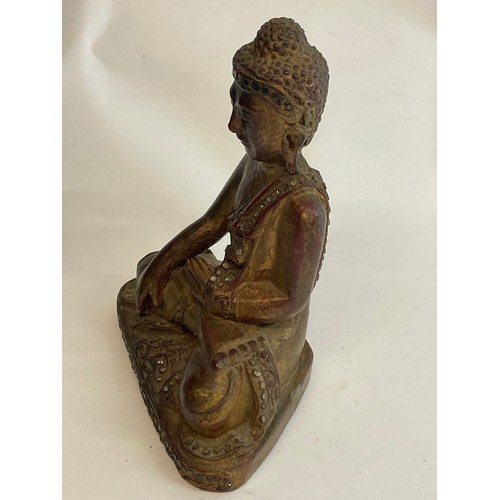 144 - Decorative Painted Seated  Wood Buddha Figure. 22 cms High