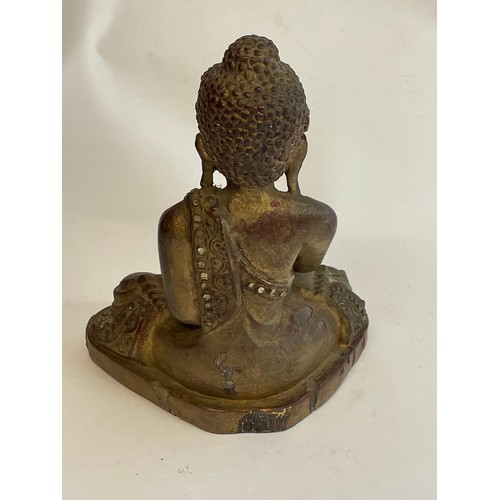 144 - Decorative Painted Seated  Wood Buddha Figure. 22 cms High