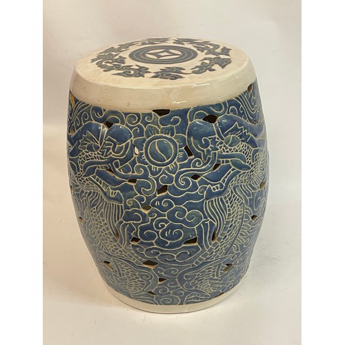 146 - Chinese Ceramic Blue And White Garden Barrel Seat. 33 x 43 cms