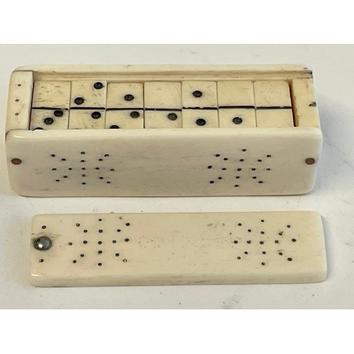 345 - Full Set Of Cased Bone Miniature Dominos Possibly Prisoner Of War. Case Measures. Circa 6 x 2 x 2 cm... 