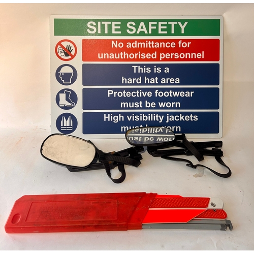 742 - New site safety sign set of used towing wing mirror extenders and broken down warning triangle.  (3)