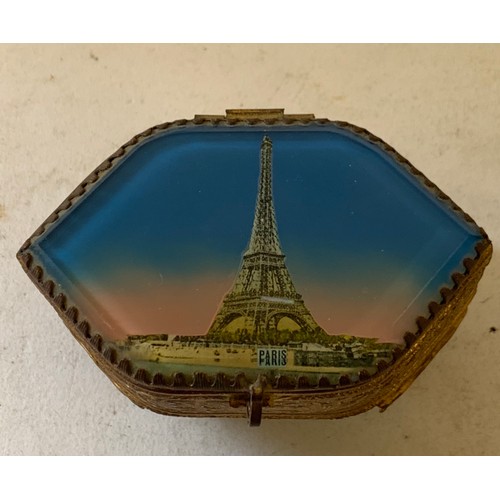 67 - A Hexagonal Vintage Gilt Brass Souvenir Trinket Jewellery Box Having A View Of The Eiffel Tower To T... 