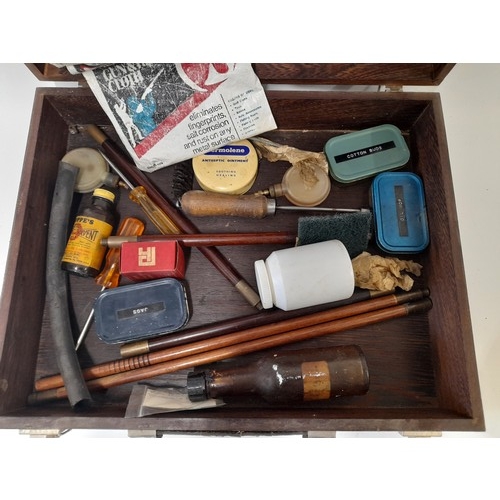 631 - Wooden Box containing gun cleaning equipment, 45cm x 35cm x 11cm