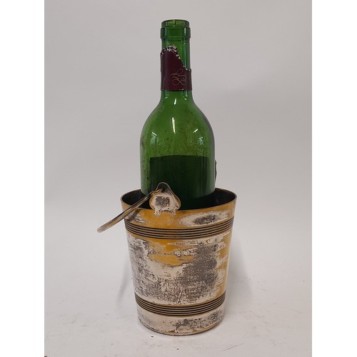 639 - Small Brass Wine Cooler with remains of Silver Plate, 13cm high plus swing handle