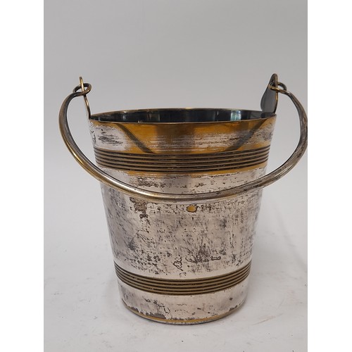 639 - Small Brass Wine Cooler with remains of Silver Plate, 13cm high plus swing handle