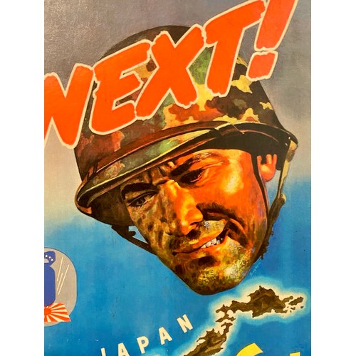 655 - American Military Propaganda Card Poster ‘Next!’. Stamped to Back. 42cm x 29.5cm