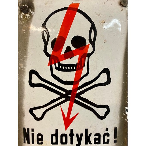 656 - Vintage Continental Enamel Skull and Crossbones Electricity Danger Sign 25cm x 15cm