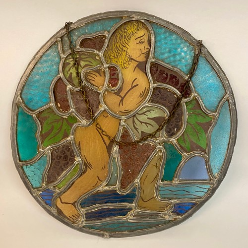 659 - Similar to Previous Lot. Vintage Continental Lead and Stained Glass Oval Panel of a Woman. 25.5cm Di... 