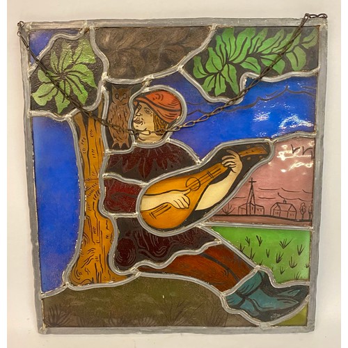 660 - Similar to Previous Lot. Vintage Continental Lead and Stained Glass Square Panel of a Bard. 29.5cm x... 