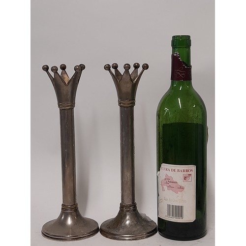 674 - Pair of Metal Candlesticks with coronet design and worn Plating, 26cm high