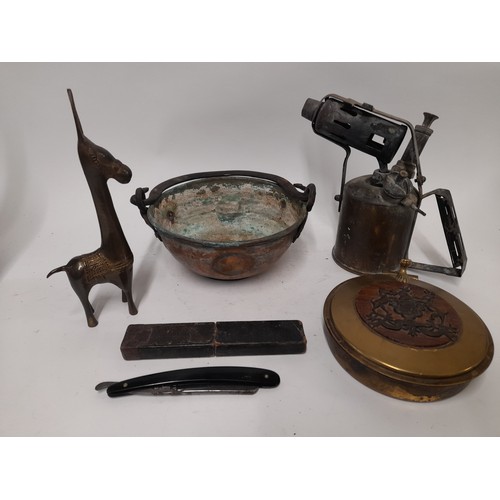 683 - 5 Mainly Brass and Copper Collectables to include Blow Lamp, Ornament, dust pan etc    (5)