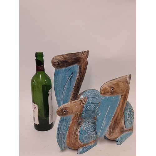 686 - 3 x Wood Carved Pelicans in Blue, largest 30cm high