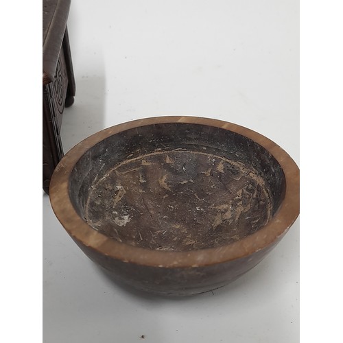 687 - 3 x Collectable Items to include Wooden trinket box, wood turned Goblet and a carved stone bowl