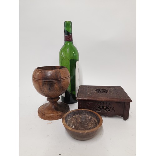 687 - 3 x Collectable Items to include Wooden trinket box, wood turned Goblet and a carved stone bowl