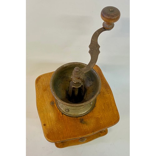 298 - Vintage Brass and Wood Manual Hand Operated Coffee Grinder with Drawer. 28cm x 15cm x 15cm