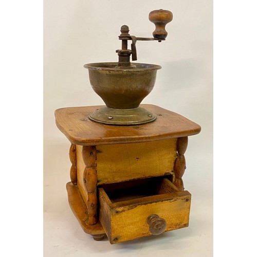 298 - Vintage Brass and Wood Manual Hand Operated Coffee Grinder with Drawer. 28cm x 15cm x 15cm