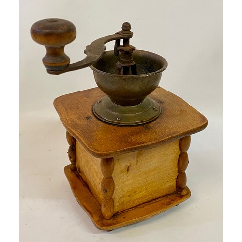 298 - Vintage Brass and Wood Manual Hand Operated Coffee Grinder with Drawer. 28cm x 15cm x 15cm