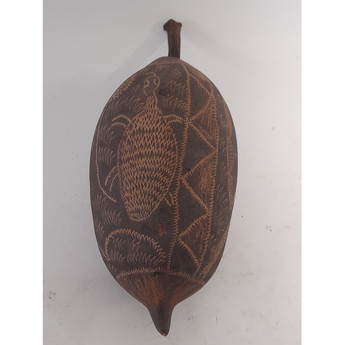 270 - Aboriginal Carved Boab Nut with Hand Carved Pictures of Snakes and Fauna etc, 19cm long