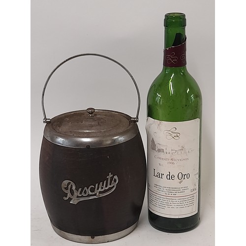 15 - Vintage Wood Biscuit Barrel with Pot Liner, 19cm high