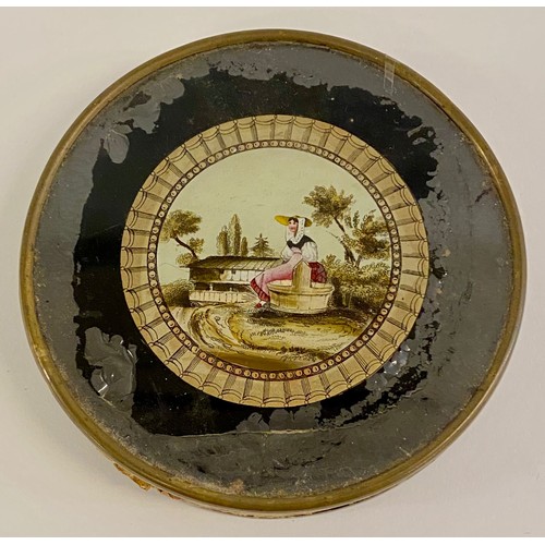 102 - Early Victorian Reverse Glass Painted Bon Bon Case Depicting Seated Lady 14cm Diameter