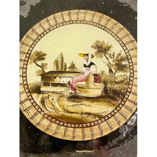 102 - Early Victorian Reverse Glass Painted Bon Bon Case Depicting Seated Lady 14cm Diameter