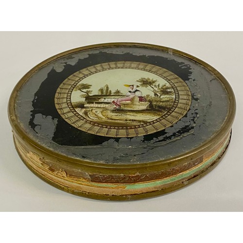 102 - Early Victorian Reverse Glass Painted Bon Bon Case Depicting Seated Lady 14cm Diameter