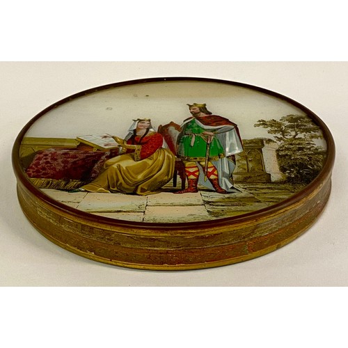 103 - Early Victorian Reverse Glass Painted Bon Bon Case Depicting Royal Scene 17cm Diameter