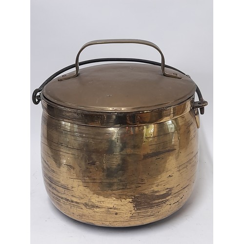 40 - Large Brass and copper cooking pot with Lid and iron swing handle, 34cm x 37cm high