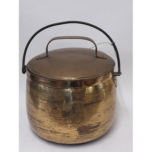 40 - Large Brass and copper cooking pot with Lid and iron swing handle, 34cm x 37cm high