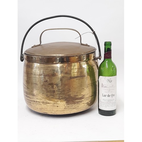 40 - Large Brass and copper cooking pot with Lid and iron swing handle, 34cm x 37cm high